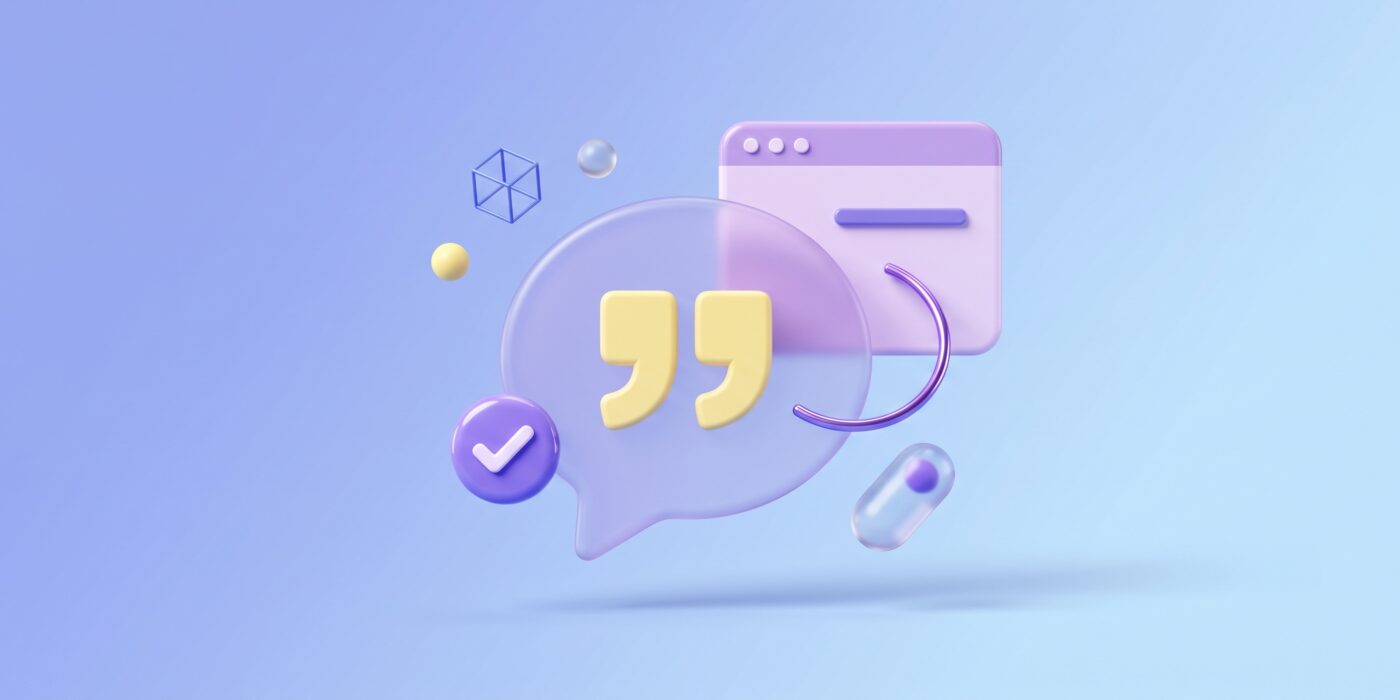 Illustration 3D d’une bulle de conversation IA reliée à une page web citée, pour l’article être cité par ChatGPT